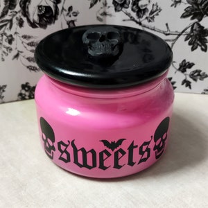 Pastel Goth PINK SWEETS JAR | Black Glass Candy Dish w/ Skulls & Bat | Gothic Office/Coffee Table Décor | Creepy/Cute Home Accessories |Gift