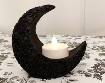 Decorative Black Crescent Moon Tealight Candle Holder • Lunar Moon Phase Candleholder • Witchy Gothic Home Lighting Décor • Unique Goth Gift