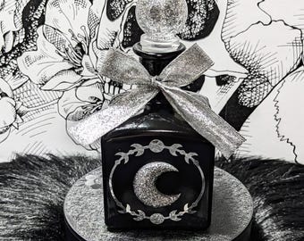 Bottiglia per pozioni in vetro nero da strega con fiocco • Decorazione a mezzaluna cromata con glitter e fasi lunari • Altare occulto • Centrotavola nuziale celeste