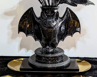 Lunar Moon Phase Bat Vase, Metallic Gothic Decor, Occult Home Accent, Bat Floral Display Vessel, Witchy Celestial Altar Centerpiece