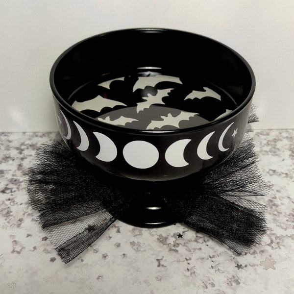 3.25 "MOON & BAT WING Negro Blanco Cáliz / Cáliz de vidrio / Plato de anillo / Tazón decorativo • Espeluznante linda decoración gótica gótica oculta • Regalo gótico único