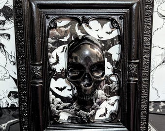 Gothic Skull Wall Decor, Black Framed Skull Art, Bat Wall Decor, Macabre Gothic Home Accent, Spooky Goth Room Decor