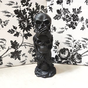 Speak No EVIL, Hear No EVIL Skull Statue • Skeleton Plaster Figurine • Macabre Goth Home Décor • Gothic Housewarming Gift • Spooky Yard Art