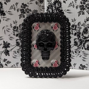 7.5&quot; Framed 3D Rose Skull on Gray Stripes+Pink Rose Background • Skull Wall Hanging Art • Macabre/Horror/Spooky Décor •Cute Pastel Goth Gift