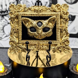 Framed Clairvoyant Cat on Velvet, Victorian Gothic Metallic Baroque 4.0" Resin Frame, Witchy Spooky Vintage Wall Art, Dark Goth Luxury Decor