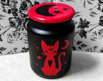 Red+Black *Moon Cat* Glass Storage Jar with Crescent Moon+Star Lid | Goth Kitchen/Coffee Table Décor | Spooky Witchy Gothic Home Accessory