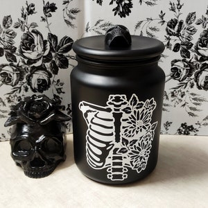 Black+White Ribcage & Flowers Glass Cookie Jar/Kitchen Storage Canister | Goth Coffee Table Décor | Witchy Gothic Anatomy Home Accessories