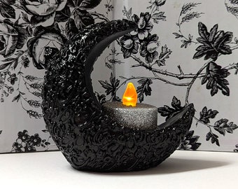 Black Crescent Moon Plaster Tealight Candle Holder •• Lunar/Moon Phase Candleholder •• Witchy Gothic Home Lighting Décor •• Unique Goth Gift