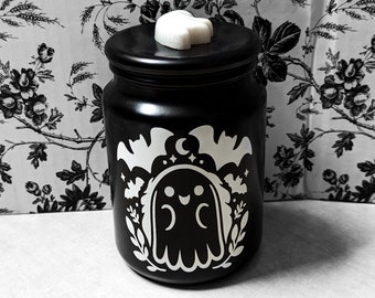 Spooky Ghost+Bats Container | Black Glass Gothic Candy Jar/Kitchen Storage Canister | Goth Coffee Table Décor | Witchy Creepy Home Accessory