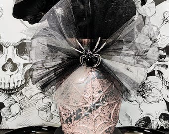 Pink Pastel Goth Spiderweb Vase with Spider Brooch, Handmade Gothic Wedding Centerpiece, Spooky Whimsical Decor, Oddity & Curio Shelf Decor