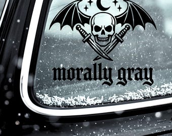 Gothic Skull Morally Gray Vinyl Decal • Creepy Bat Wing Car Bumper Sticker • Macabre Car Window/Spooky Laptop Decor • Alternative Dark Humor