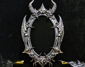 Luxury Gothic Horned Oval Bat Wing Black Frame on Black Velvet • Original Handcrafted Occult 10" Wall Hanging • Dark Divination Ritual Art