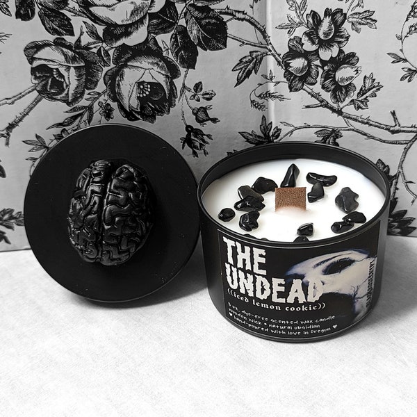 8 oz. Iced Lemon Cookie • THE UNDEAD Candle w/ Obsidian in Metal Tin & Brain Lid • Gothic Spooky Candle • Horror Goth Witchy Halloween Décor