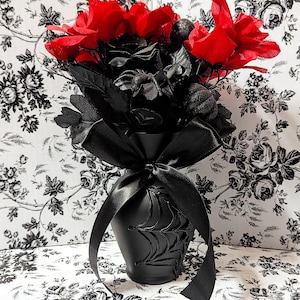 7&quot; Matte Black Decorative Glass Spider Web Vase with Black Bow • Spooky Gothic Macabre Home Decor • Halloween Decorations • Dark Aesthetic