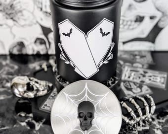Black Bat Coffin Cookie Jar & Spider Web Skull Lid | Gothic Kitchen Storage Canister | Dark Aesthetic Container | Spooky Macabre Occult Jar