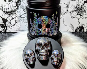 Contenedor con calavera holográfica • Decoración gótica negra • Frasco mágico de cristal encantado • Regalo de almacenamiento de tocador brillante y espeluznante para brujas glamurosas y excéntricas