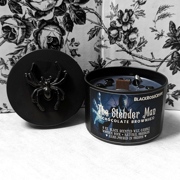 8 oz. Chocolate Brownie • SLENDER MAN Candle w/ Obsidian in Metal Tin & Spider Lid •Gothic Spooky Candle •Horror Goth Witchy Halloween Décor