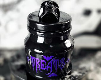 Mini Gothic Skull & Bats Treat Jar, Spooky Glass Candy Container, 4" Witchy Storage Jar, Halloween Decor, Creepy Cute Curio Shelf Decor