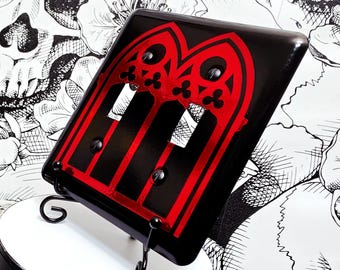 Gothic Cathedral Light Switch Cover, Witchy Red & Black Double Toggle Metal Switch Plate, Dark Academia Decor, Goth Vampire Bedroom Decor