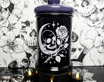 Skull & Rose Decorative Glass Container • 9" Black Gothic Cookie Jar/Storage Canister • Whimsigoth Decor • Witchy Spooky Macabre Home Accent