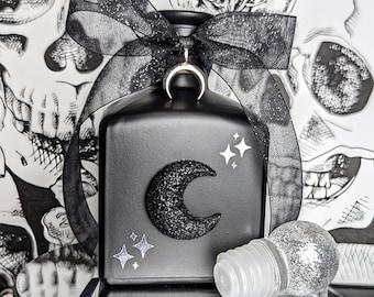Black & Silver Glass Crescent Moon Potion/Poison Bottle + Bow • 5.75" Witchy Apothecary Jar • Occult Wiccan Decor •Celestial Whimsigoth Gift