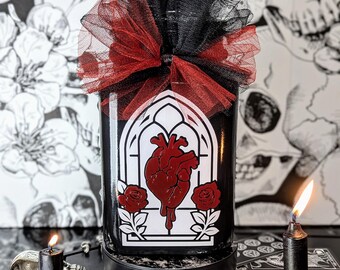 Anatomical Heart + Gothic Cathedral Window Glass Cookie Jar • Goth Kitchen 9" Storage Container • Macabre Home Accents • Dark Romantic Decor