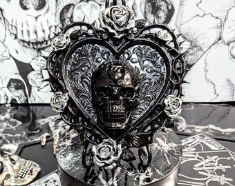 Gothic Anatomical Heart Skull 3D Wall Plaque • Handcrafted Metallic Rose & Thorn Frame • Creepy Dark Goth Occult Decor • Macabre Horror Gift