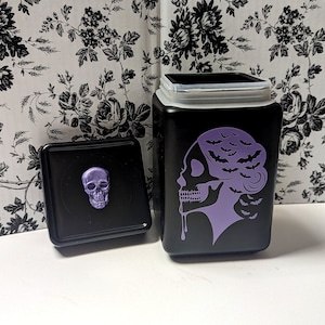 7&quot; BAT LADY Container with Skull • Glass Gothic Cookie Jar/Kitchen Storage Canister •Pastel Goth Decor •Witchy Spooky Macabre Home Accessory
