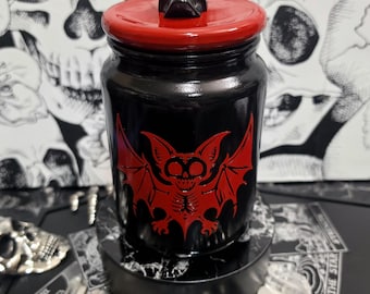 VAMPIRE BAT Container, Black & Red Glass Gothic Cookie Jar, Witchy Kitchen Storage Canister, Goth Coffee Table Décor, Creepy Home Accessory