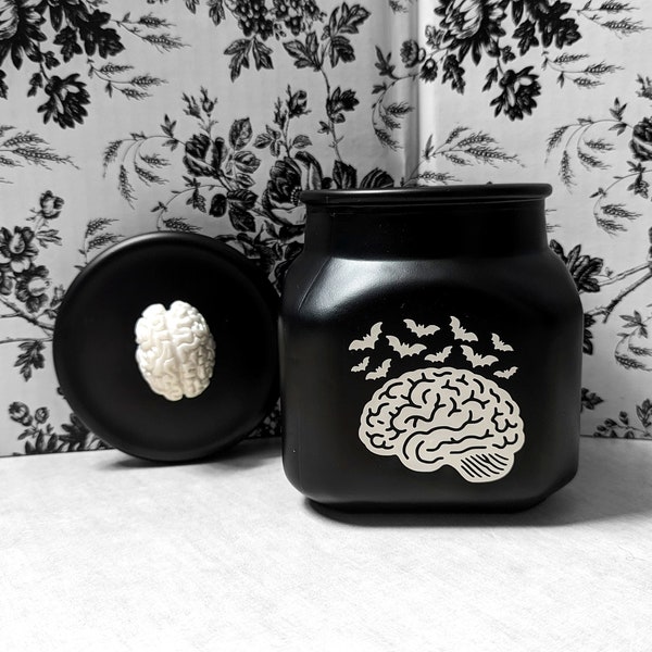 6.0" Black Human Brain + Bats Container || Gothic Glass Storage Jar/Kitchen Canister || Macabre Goth Décor || Witchy Spooky Home Accessories