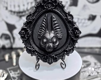 Cute Black Fruit Bat in Baroque Victorian Gothic Ornate Teardrop Frame, Witchy Goth Gallery Wall Plaque, Bat Relief Sculpture, Spooky Décor