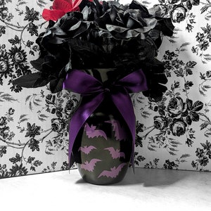 7.75&quot; Flying Bat Vase with Purple Bow •• Black Glass Gothic/Alternative Home Decorations •• Dark Aesthetic •• Unique Spooky Witchy Goth Gift