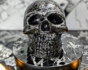 Handmade Gothic 4" Resin Skull • Gunmetal & Black Splatter • Macabre Dark Art Decor • Spooky Memento Mori for Shelf, Altar, Curio Cabinet