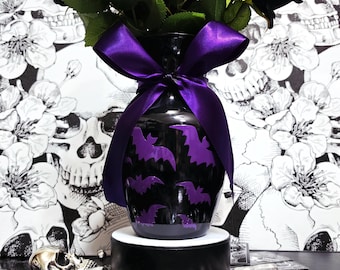 Gothic Bat Wing & Purple Bow Hand-Painted Black Glass Vase, Large 8" Spooky Bouquet Holder, Witchy Altar Gift, Whimsygoth Curio Shelf Decor