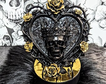 Gothic Crowned Skull Wall Art | Original, Hand-Painted | Thorned Rose Heart Frame | Black & Gold Dark Luxury | Macabre Horror Goth Decor