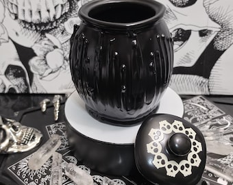 Black Cauldron Jar, Gothic Ceramic Storage Pot with Skull Lid, Witchy Altar Decor, Handpainted Macabre Apothecary Canister, Creepy 5" Jar