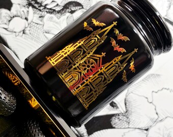 Gothic Cathedral Container, Black Glass Apothecary Jar, Vintage Gold Goth Decor, Dark Academia Gift, Witchy Occult Altar 6" Storage Canister