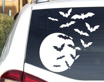 FLYING BATS & MOON | Custom Permanent Vinyl Bumper Sticker | Laptop or iPad Decal | Gothic Tumbler Decal | Creepy/Cute Spooky Goth Sticker