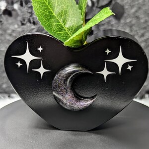 May include: A black heart-shaped vase with white starburst designs and a glittery crescent moon. The vase holds a green leafy plant. The vase is sitting on a dark surface.