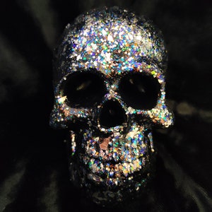 4.0&quot; Decorative Black Resin & Holographic Glitter Skull Ornament • Memento Mori • Glamorous Gothic Décor • Sparkly Macabre Witchy Goth Gift