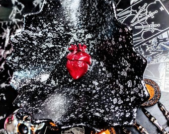 Gothic Anatomical Heart Black Glass Decorative Dish • Oddities & Curiosities Decor • Witchy Macabre Altar Tray • Dark Valentine's Day Gift