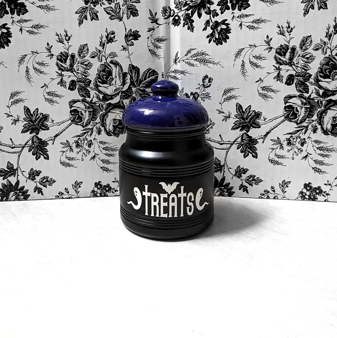5 GHOST & BAT Treat Jar Mini Black Glass Storage Container Gothic ...