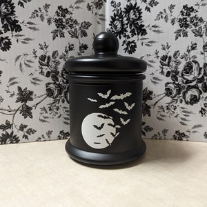 Bats+Moon Black Glass Container | Black Glass Cookie Jar/Kitchen Storage Canister | Goth Coffee Table Décor | Cute Witchy Spooky Accessory