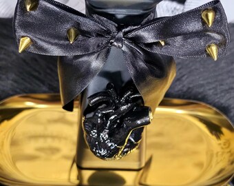 Gothic Anatomical Vase with Spiked Bow, Black & Gold Macabre 7.5" Glass Floral Display, Alternative Dark Academia Decor, Curio Shelf Art