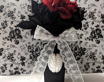 Anatomical Brain Hand-Painted Black Glass Vase: Gothic Macabre Decor with White Lace Bow