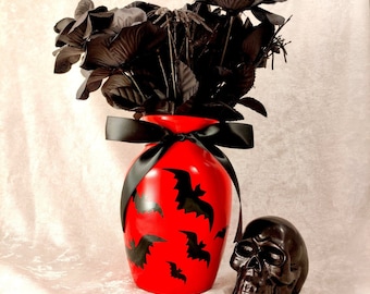 Decoratieve glazen bloemenvaas met zwarte strik en vleermuizen • KIES EEN KLEUR! • Gotisch bruiloftsstuk • Griezelige woonaccessoires • Uniek gothic-cadeau