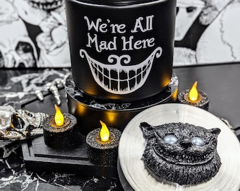 Cheshire Cat "We're All Mad Here" Glass Cookie Jar | Alice in Wonderland 5.75" Storage Container | Mad Hatter Decor | Gothic Fantasy Gift