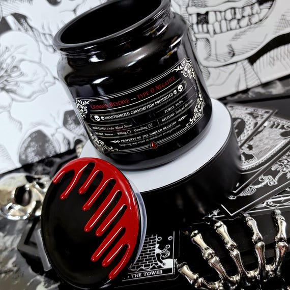 Gothic Vampire Blood Jar, Witchy Kitchen Glass 4.3" Storage Container, Macabre Oddity Curio Shelf Decor, Dark Humor
