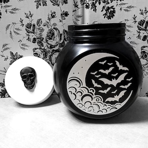 Crescent Moon + Bats Container | Black Glass Gothic Candy Jar/Kitchen Storage Canister | Spooky Goth Décor | Witchy Creepy Home Accessory