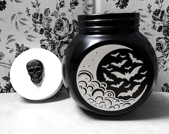 Crescent Moon + Bats Container | Black Glass Gothic Candy Jar/Kitchen Storage Canister | Spooky Goth Décor | Witchy Creepy Home Accessory
